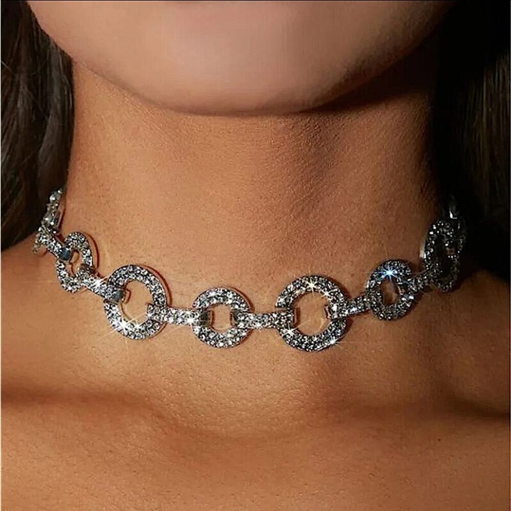 Silver Crystal Choker New Years Eve Rhinestone Party Wedding Statement Piece